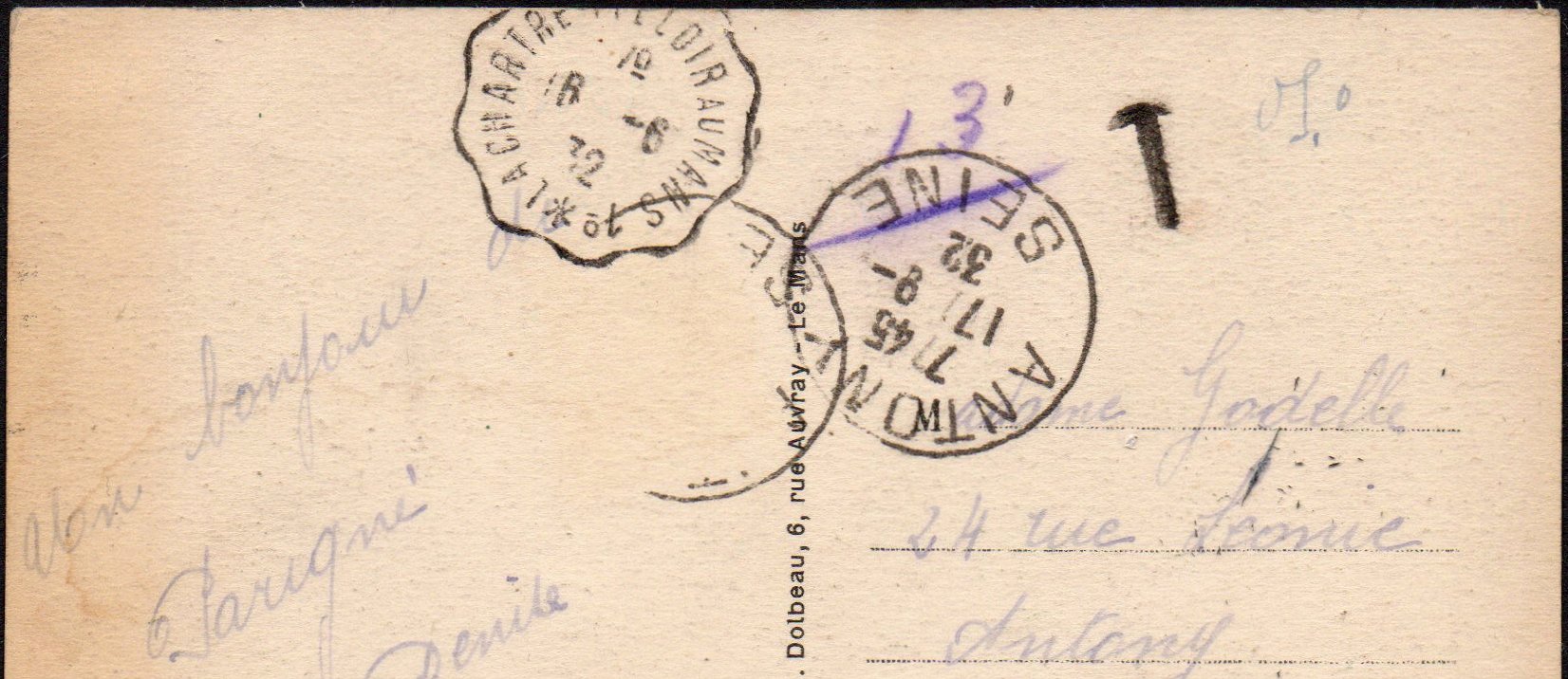 Railway / Tramway cancellations of La Sarthe : Courrier-Convoyeur-Ligne La Chartre-s/le Loir au Mans 1⁰ Taxed.